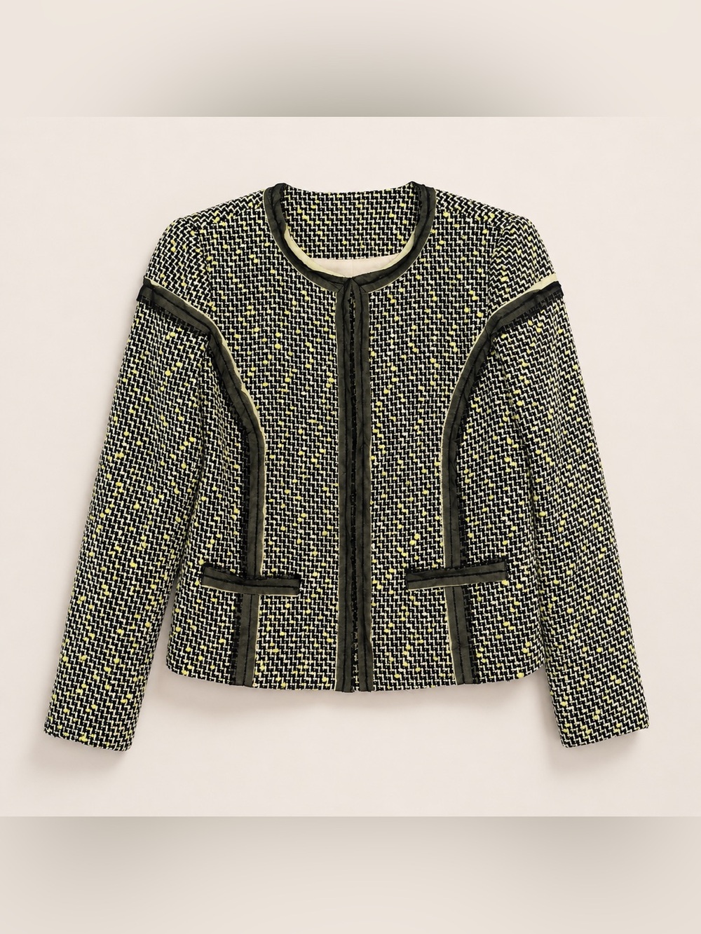 Milly Tweed Collarless Jacket Size 6 Black Lime